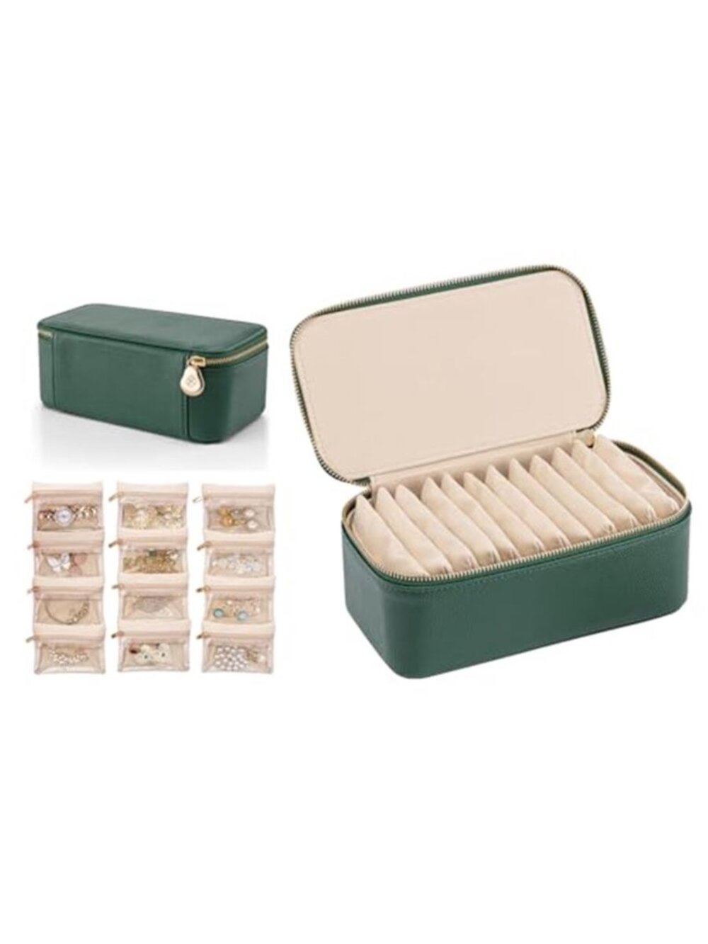 Travel Jewelry Case Storage Box Portable Zipper Pouch Dark Green Compact